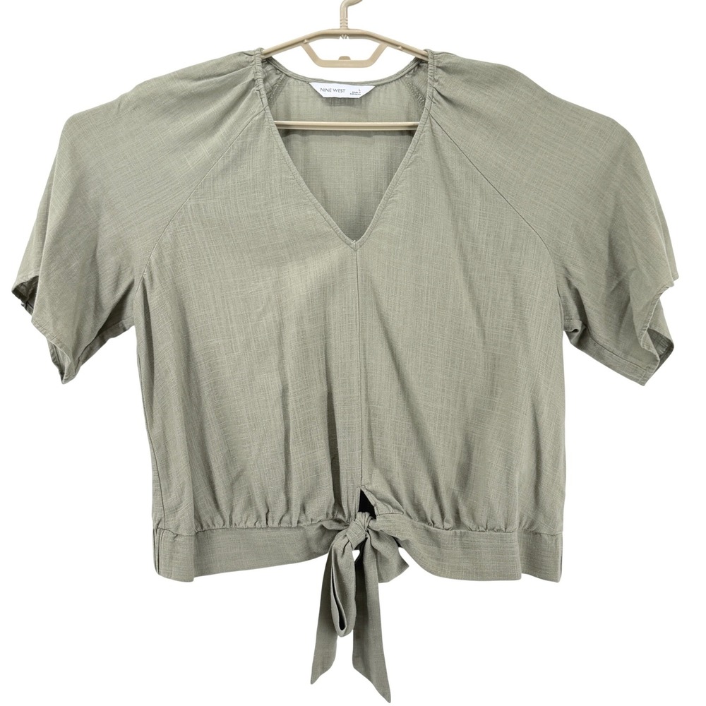 Nine West‎ Top Womens L Green Tie Front Linen Blend V-Neck Short Sleeve Exc Cond